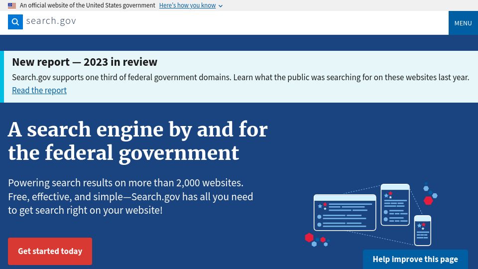 Screenshot of search.gov: A search engine by and for the federal government