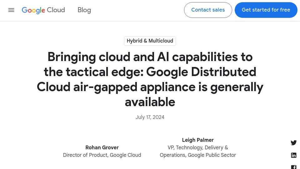 Screenshot of cloud.google.com: Google Distributed Cloud air-gapped appliance