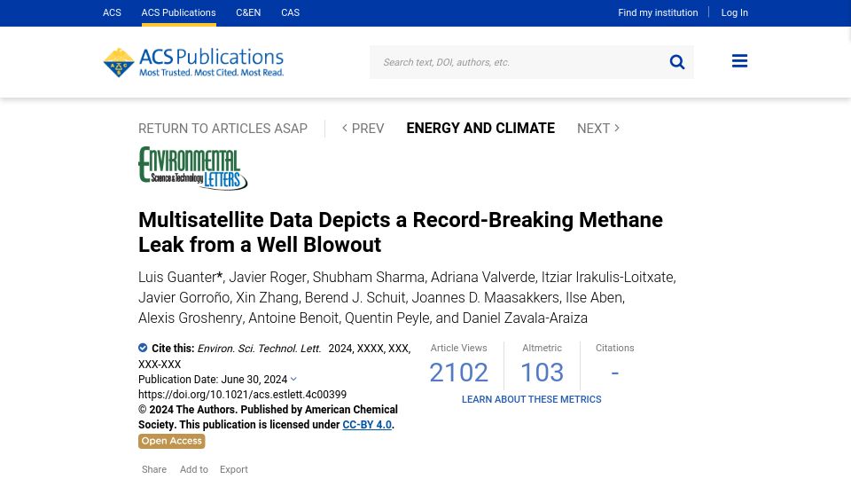 Screenshot of pubs.acs.org: Multisatellite data depicts a record-breaking methane leak from a well blowout