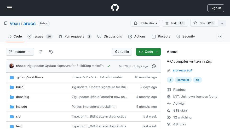 Screenshot of github.com: Aro – Zig's new C compiler