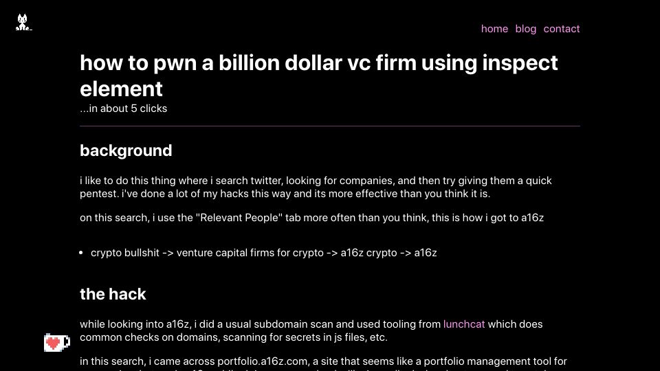Screenshot of kibty.town: Researcher finds flaw in a16z website that exposed some company data