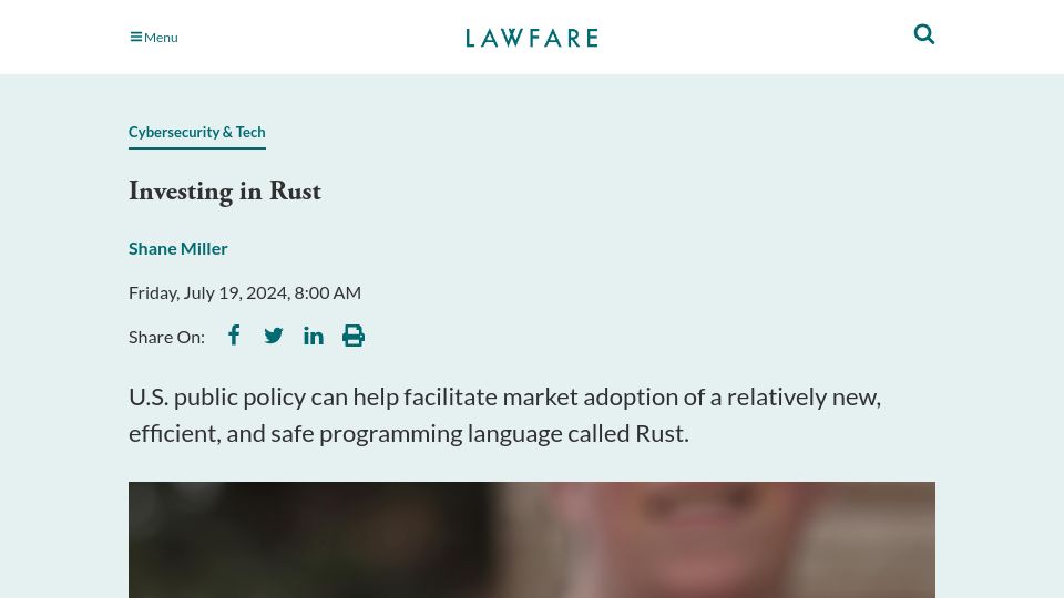 Screenshot of lawfaremedia.org: Investing in Rust