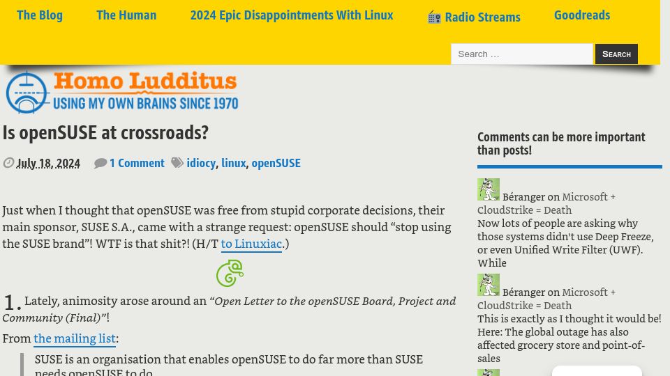 Screenshot of ludditus.com: Is OpenSUSE at Crossroads?