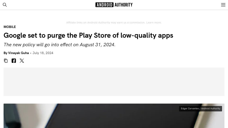 Screenshot of androidauthority.com: Google set to purge the Play Store of low-quality apps