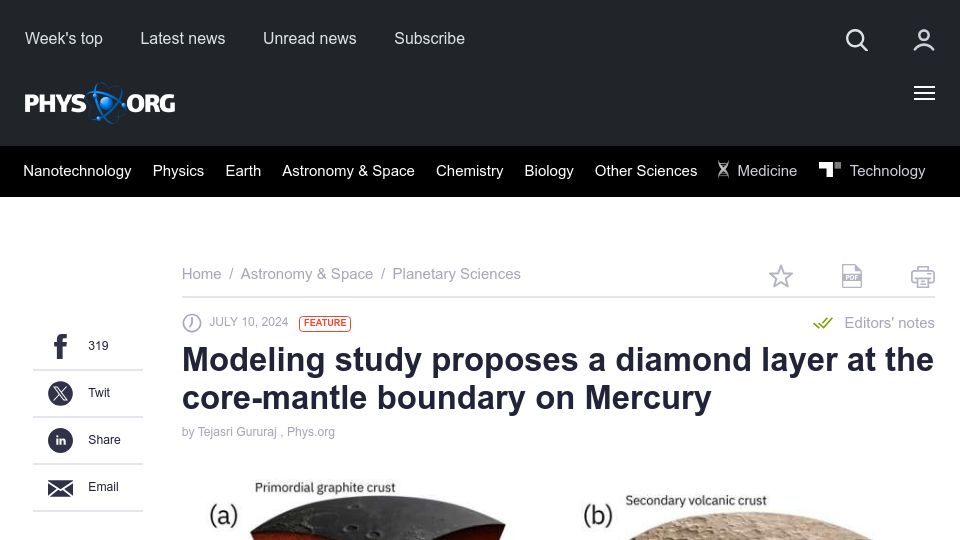 Screenshot of phys.org: Modeling study proposes a diamond layer at the core-mantle boundary on Mercury