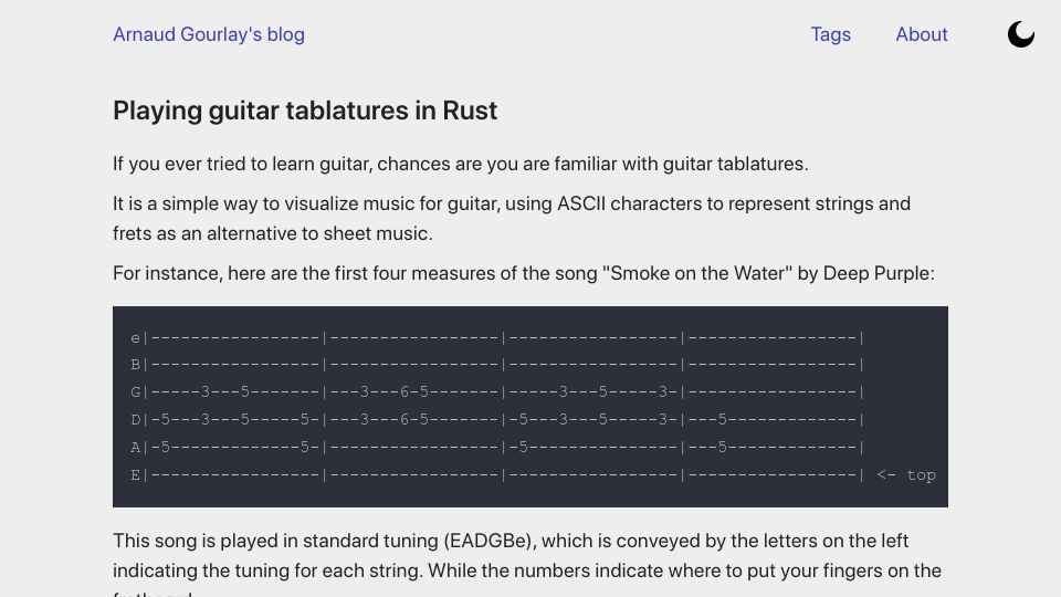 Screenshot of agourlay.github.io: Playing guitar tablatures in Rust