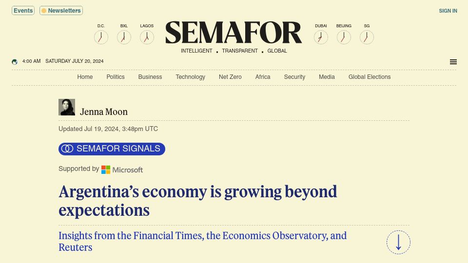 Screenshot of semafor.com: Argentina's economy is growing beyond expectations