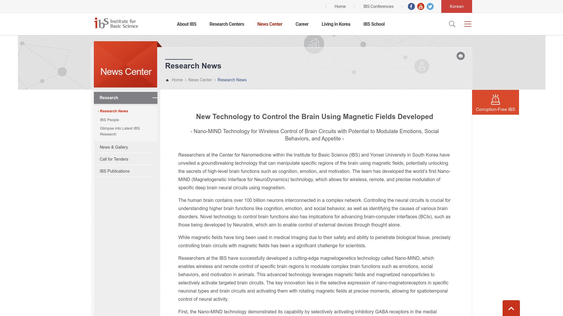 Screenshot of ibs.re.kr: New Nano-Tech to Control the Brain Using Magnetic Fields