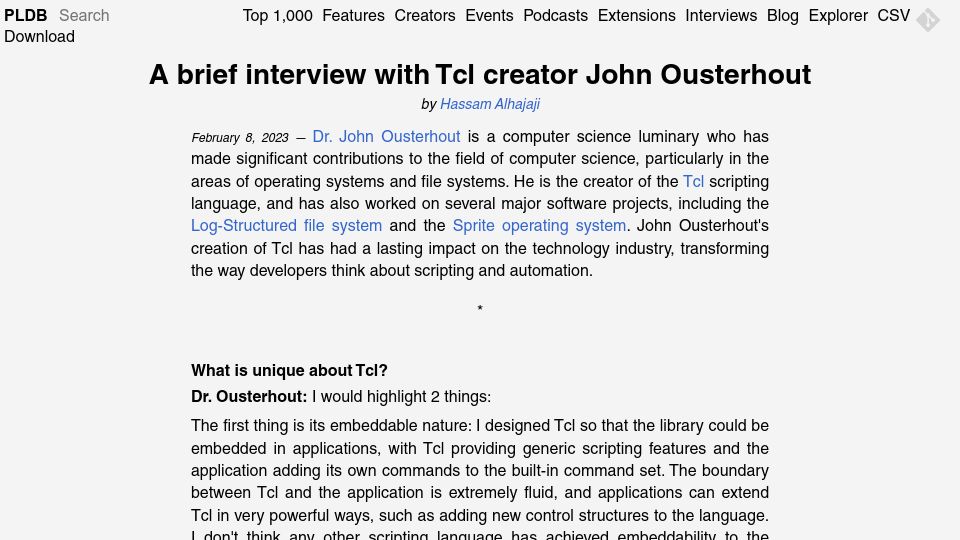 Screenshot of pldb.io: A brief interview with Tcl creator John Ousterhout (2023)