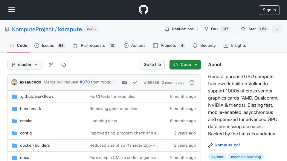 Screenshot of github.com: Kompute – Vulkan Alternative to CUDA