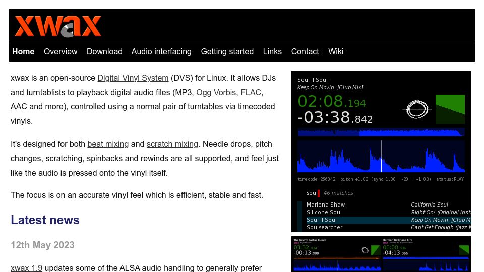Screenshot of xwax.org: Xwax Is an Open-Source Digital Vinyl System (DVS) for Linux