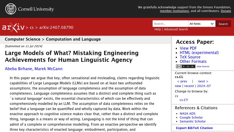 Screenshot of arxiv.org: Large models of what? Mistaking engineering achievements for linguistic agency
