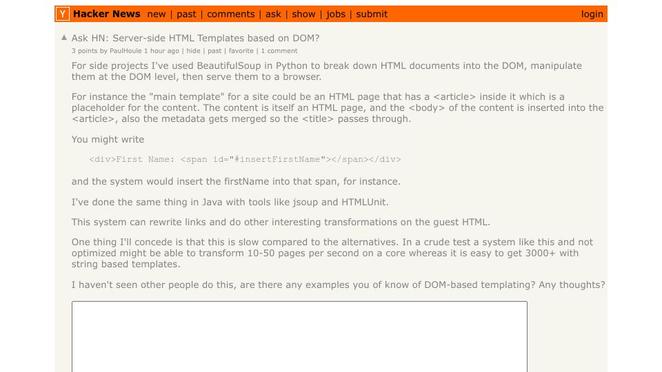 Screenshot of Hacker News post: Ask HN: Server-side HTML Templates based on DOM?