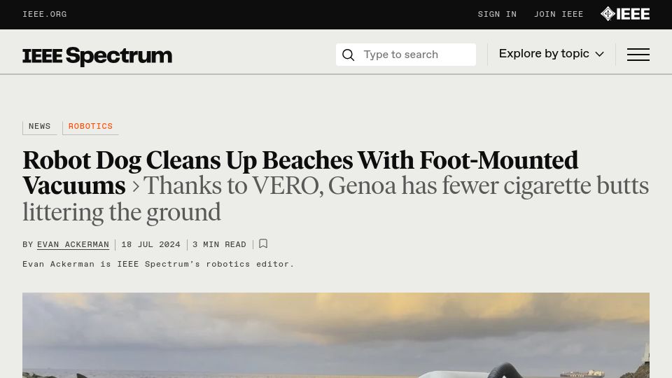 Screenshot of spectrum.ieee.org: Robot dog cleans up beaches with foot-mounted vacuums