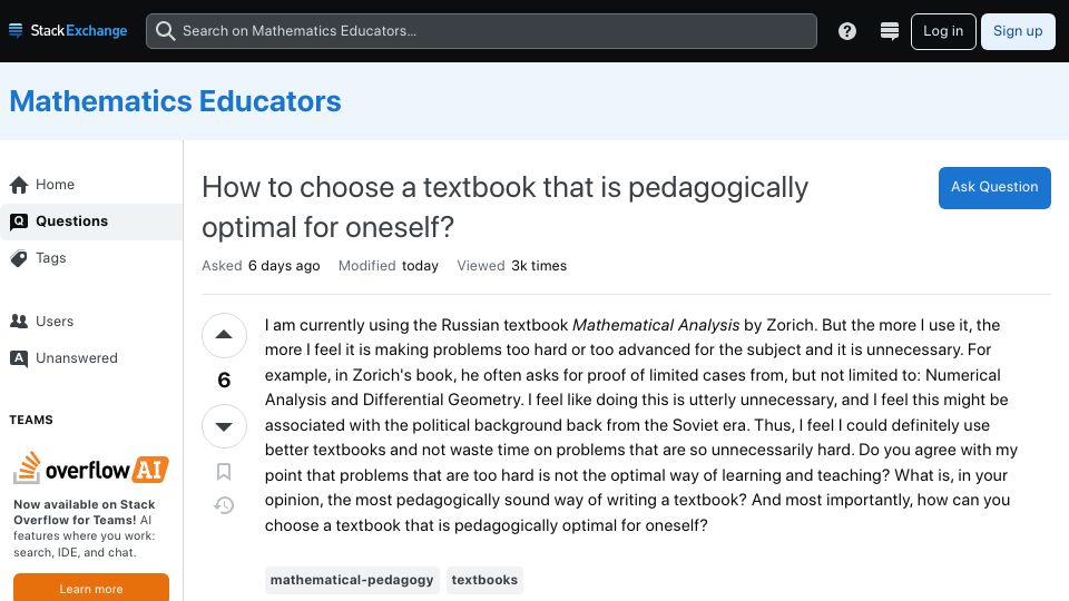 Screenshot of matheducators.stackexchange.com: How to choose a textbook that is optimal for oneself?