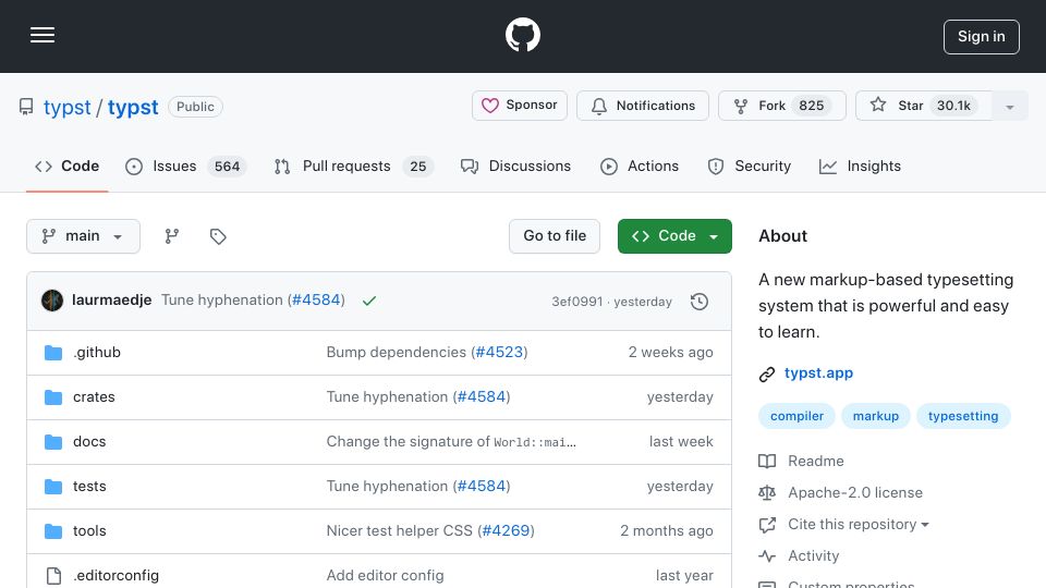 Screenshot of github.com: Typst: An easy to learn alternative for LaTex
