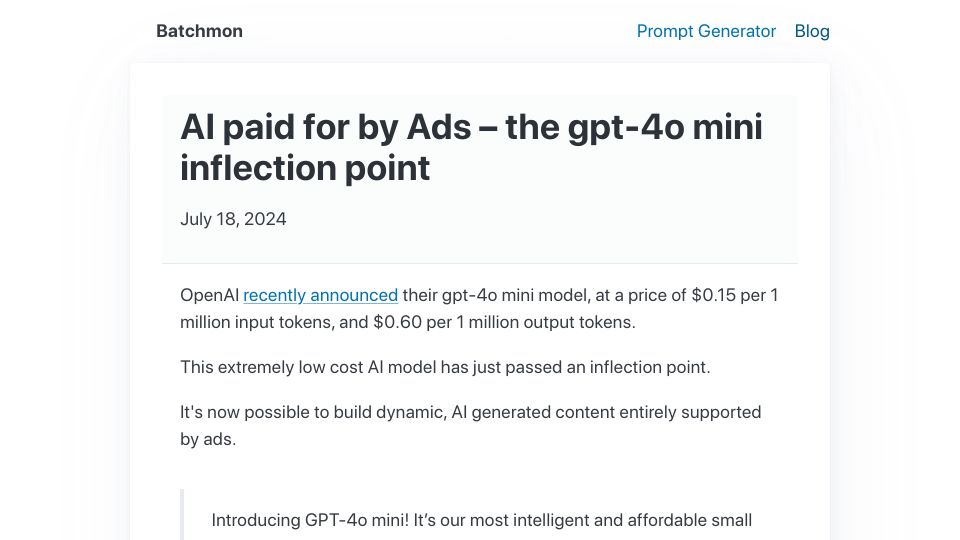 Screenshot of batchmon.com: AI paid for by Ads – the GPT-4o mini inflection point