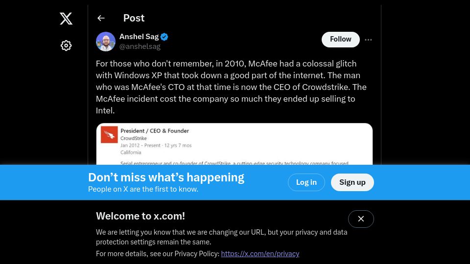 Screenshot of twitter.com: Crowdstrike CEO was McAfee CTO when big glitch took down large part of Internet