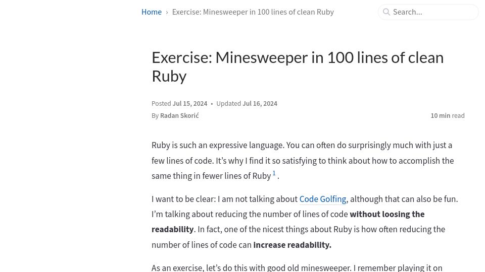 Screenshot of radanskoric.com: Exercise: Minesweeper in 100 lines of Ruby