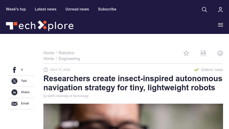 Screenshot of techxplore.com: Insect-inspired autonomous navigation strategy for tiny, lightweight robots