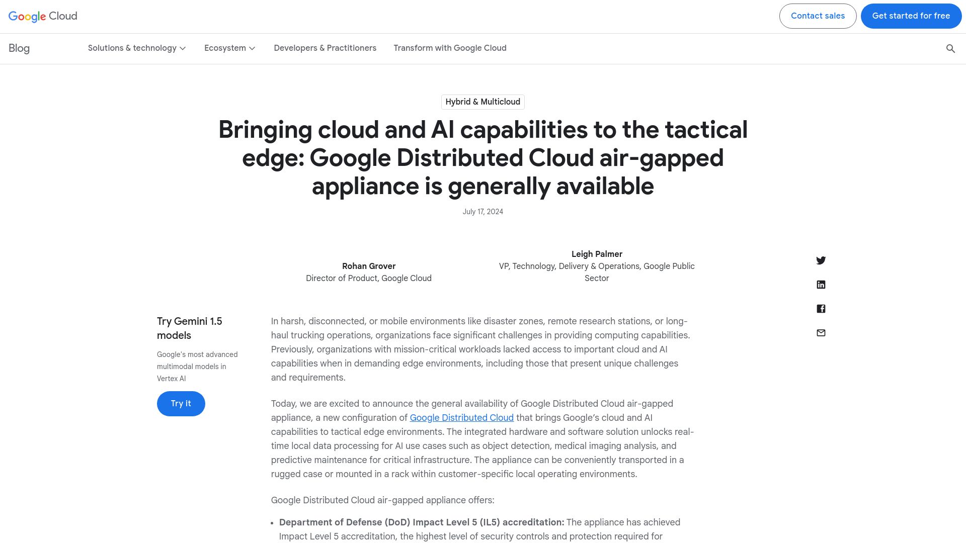Screenshot of cloud.google.com: Google Distributed Cloud air-gapped appliance