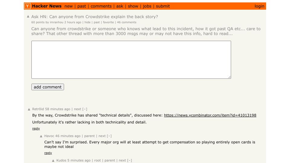 Screenshot of Hacker News post: Ask HN: Can anyone from Crowdstrike explain the back story?