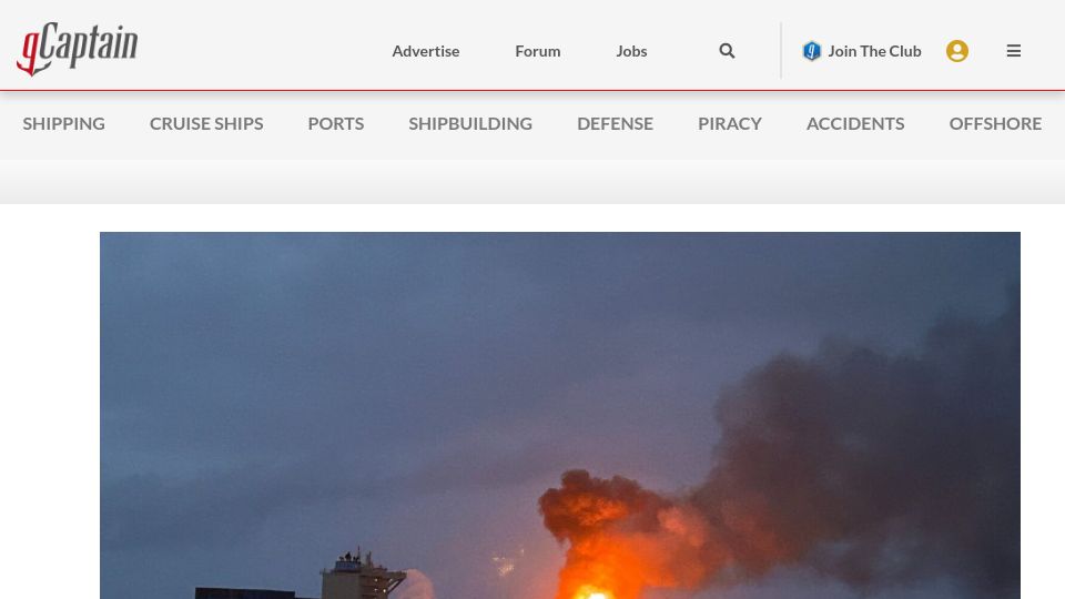 Screenshot of gcaptain.com: Major Fire Breaks Out on Maersk Containership in Arabian Sea