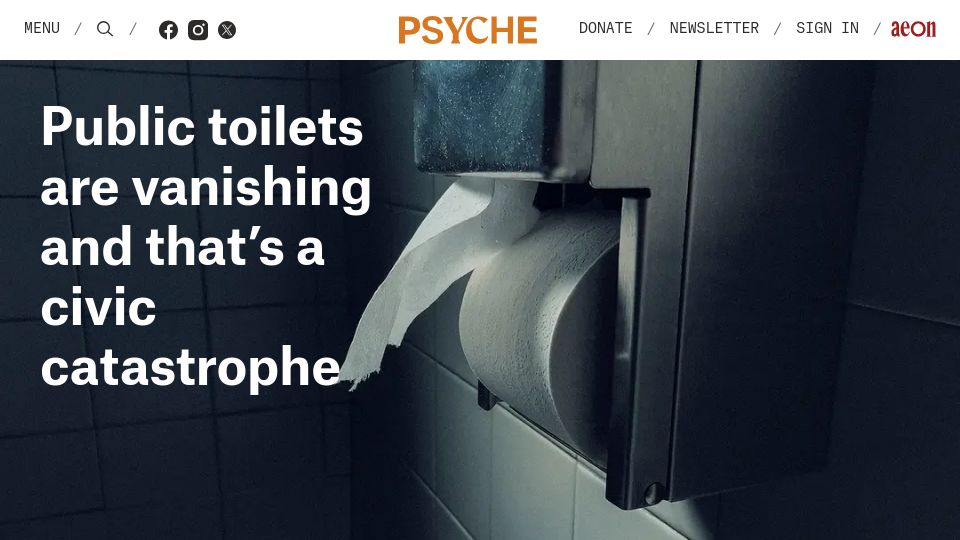 Screenshot of psyche.co: Public toilets are vanishing and that's a civic catastrophe