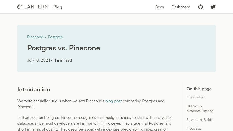 Screenshot of lantern.dev: Postgres vs. Pinecone