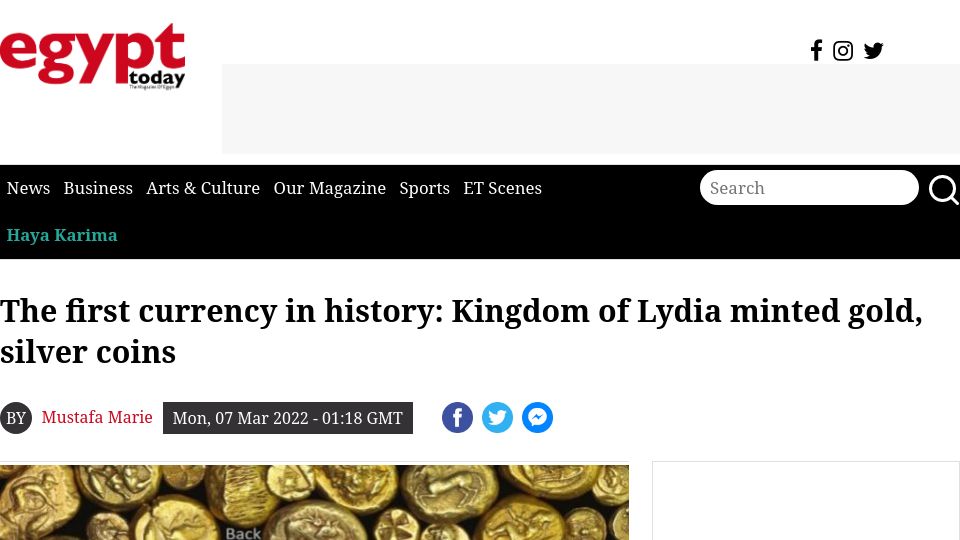 Screenshot of egypttoday.com: The Kingdom of Lydia minted gold, silver coins (2022)