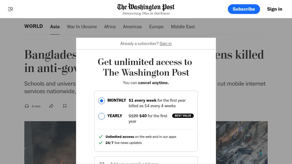 Screenshot of washingtonpost.com: Bangladesh imposes curfew after dozens killed in anti-government protests