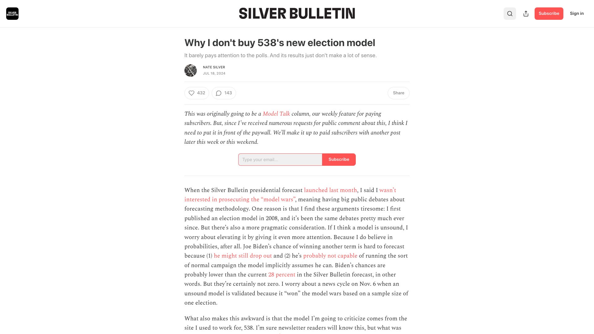 Screenshot of natesilver.net: I don't buy 538's new election model