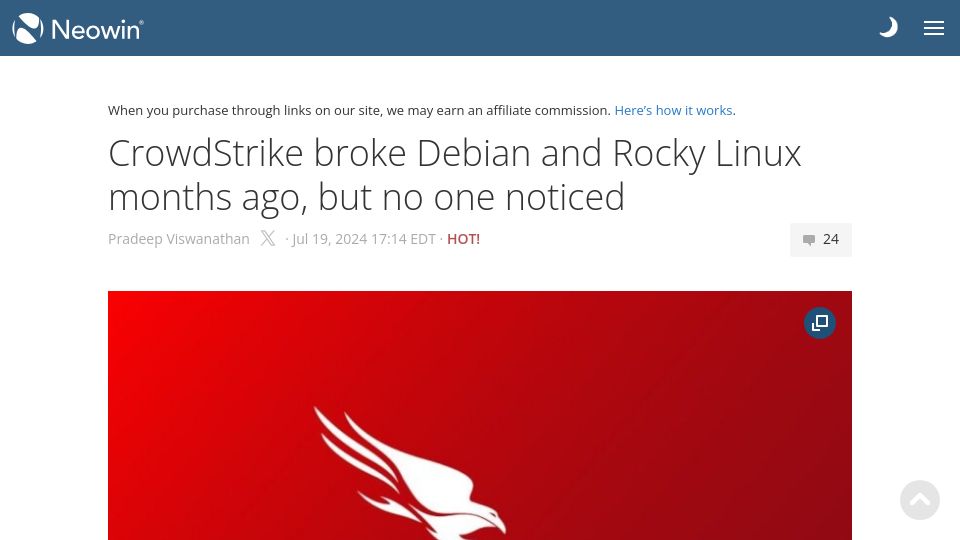 Screenshot of neowin.net: CrowdStrike broke Debian and Rocky Linux months ago