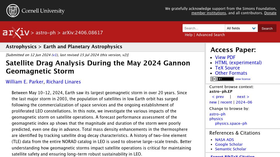 Screenshot of arxiv.org: Satellite Drag Analysis During the May 2024 Geomagnetic Storm