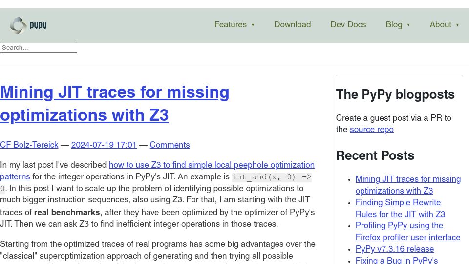 Screenshot of pypy.org: Mining JIT traces for missing optimizations with Z3