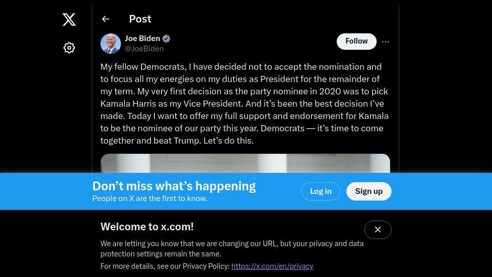 Screenshot of twitter.com: Joe Biden stands down as Democratic candidate