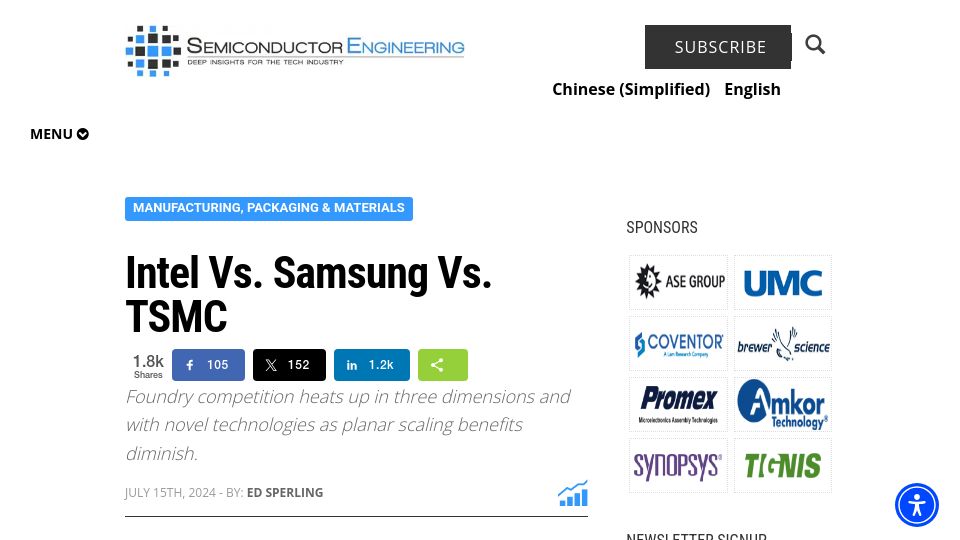 Screenshot of semiengineering.com: Intel vs. Samsung vs. TSMC
