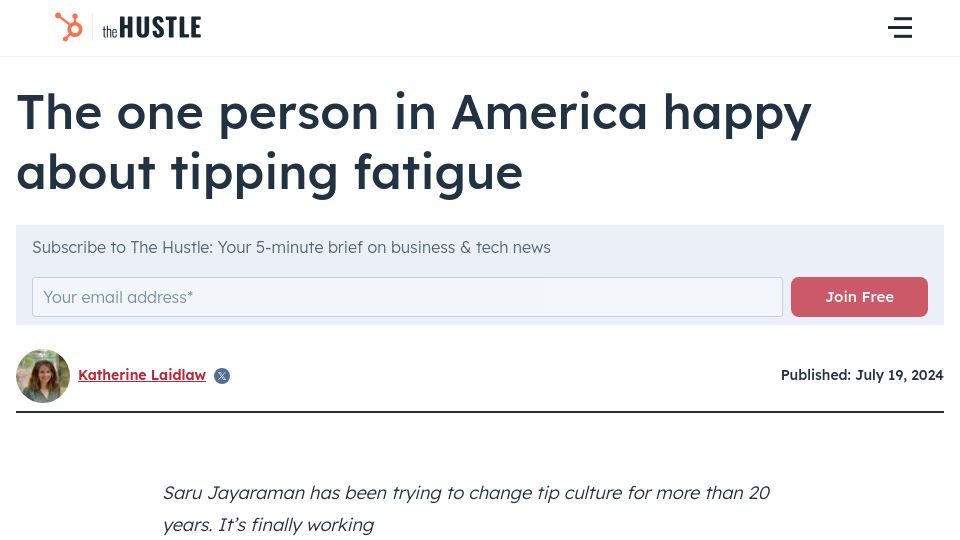 Screenshot of thehustle.co: The one person in America happy about tipping fatigue