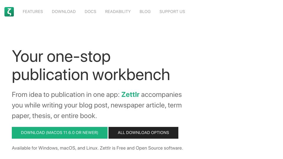 Screenshot of zettlr.com: Zettlr: One-Stop Publication Workbench