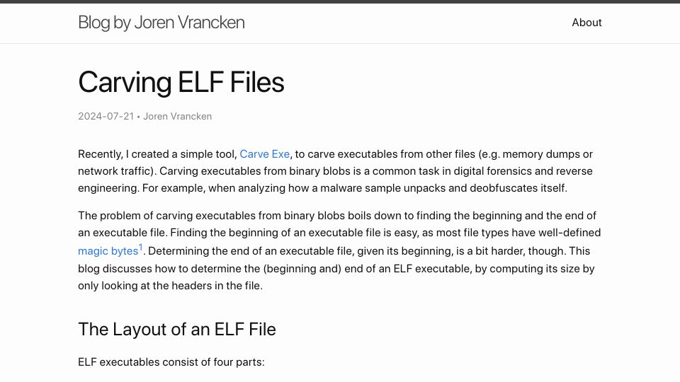 Screenshot of blog.nietaanraken.nl: Carving ELF Files