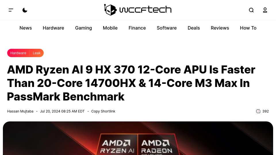 Screenshot of wccftech.com: AMD Ryzen AI 9 HX 370 12-Core APU Is Faster Than M3 Max