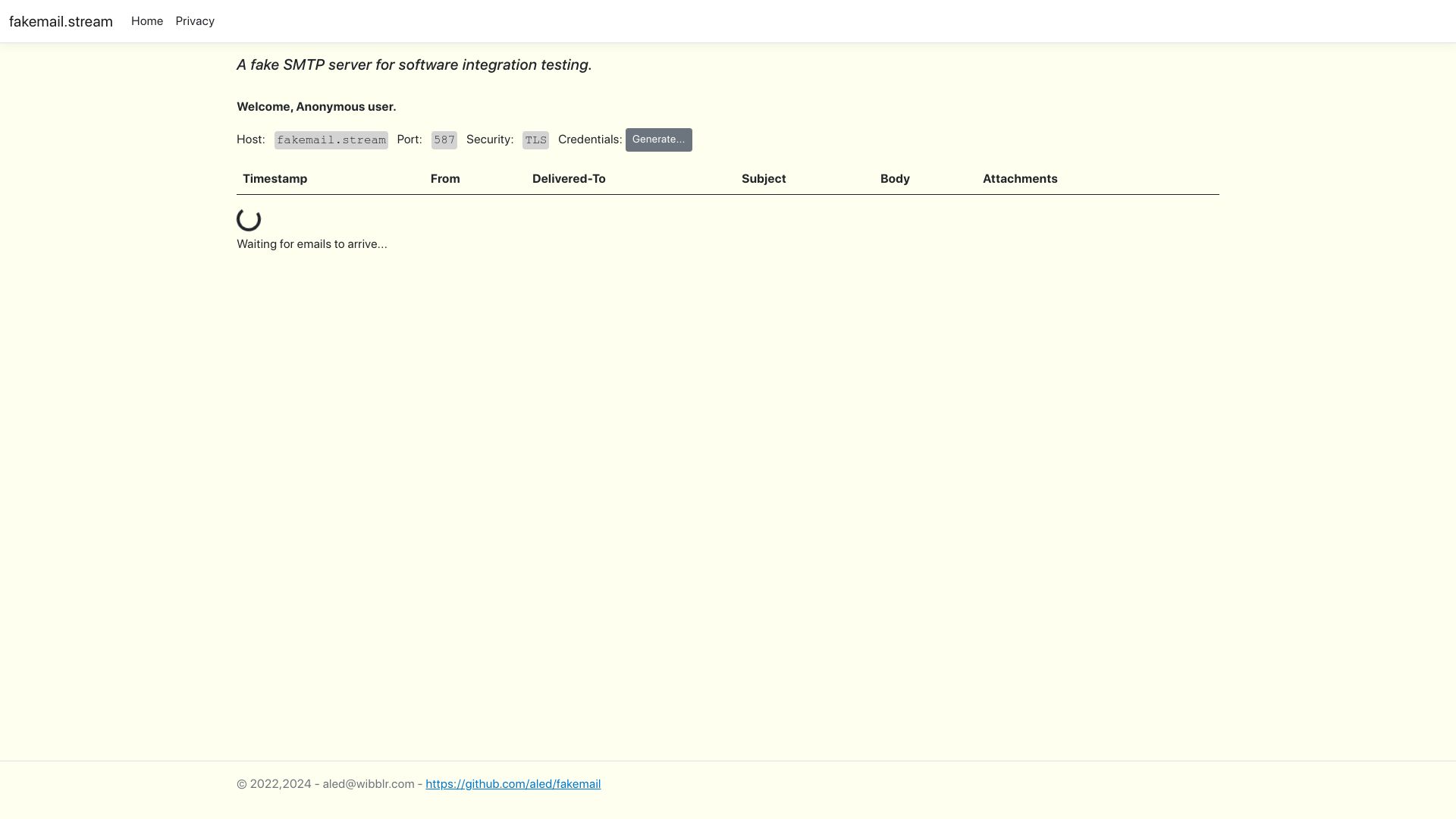 Screenshot of fakemail.stream: Show HN: A fake SMTP server for software integration testing