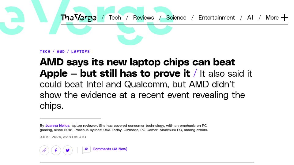 Screenshot of theverge.com: AMD says its new laptop chips can beat Apple