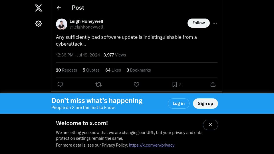 Screenshot of twitter.com: "Any sufficiently bad software update is indistinguishable from a cyberattack"