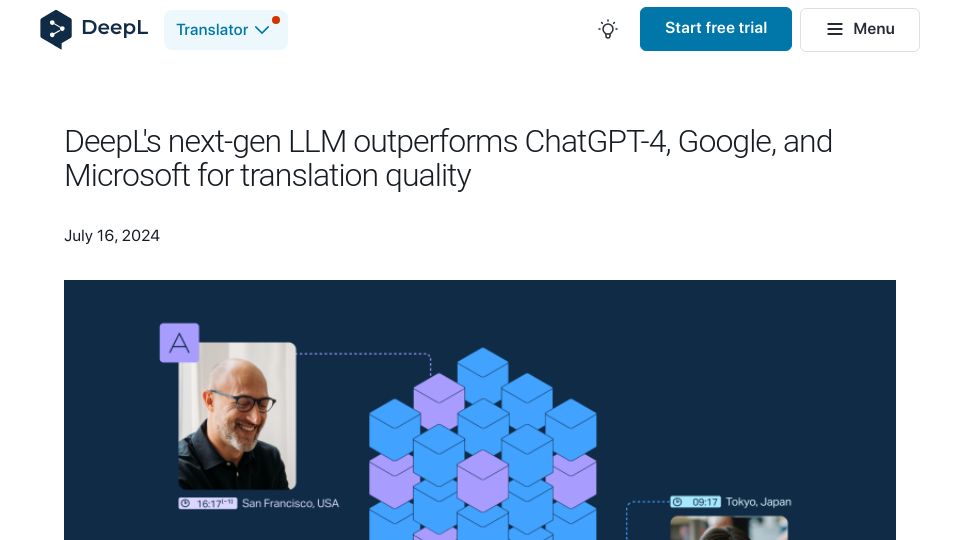 Screenshot of deepl.com: DeepL's LLM Outperforms Google Translate, ChatGPT-4, and Microsoft