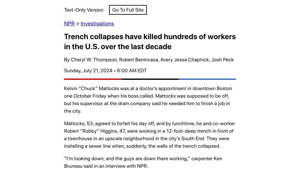 Screenshot of text.npr.org: Trench collapses have killed hundreds of workers in the US over the last decade