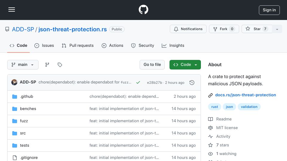 Screenshot of github.com: Show HN: JSON-Threat-Protection Rust High-Performance Crate