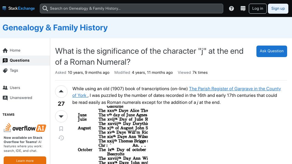 Screenshot of genealogy.stackexchange.com: What is the significance of the character "j" at the end of a Roman Numeral? (2013)