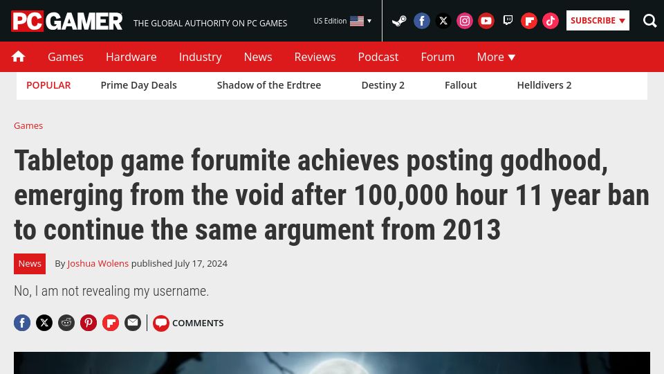 Screenshot of pcgamer.com: User returns after 100k-hours ban to continue conversation that got them banned