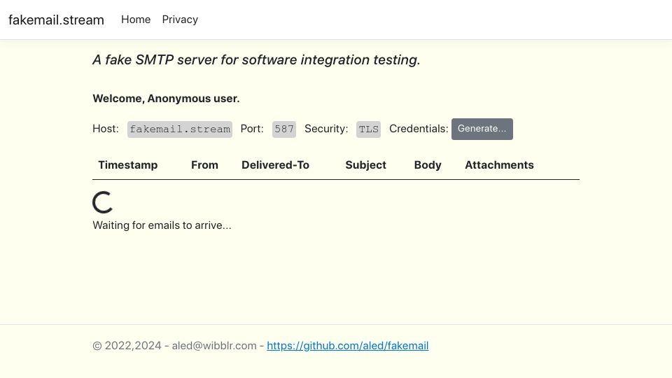 Screenshot of fakemail.stream: Show HN: A fake SMTP server for software integration testing